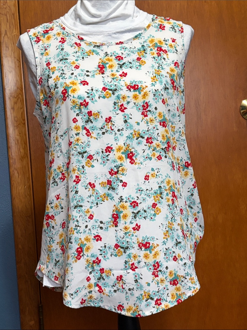 Maurices White Floral Sleeveless Swing Tank with Yellow & Red Blooms